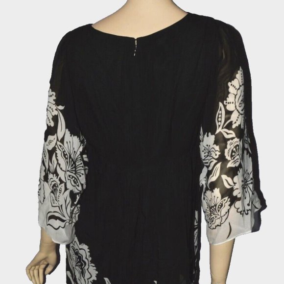 DONNA MORGAN SZ 8 M MEDIUM 100% SILK BLACK WHITE FLORAL HIGH WAIST DRESS - Picture 7 of 10